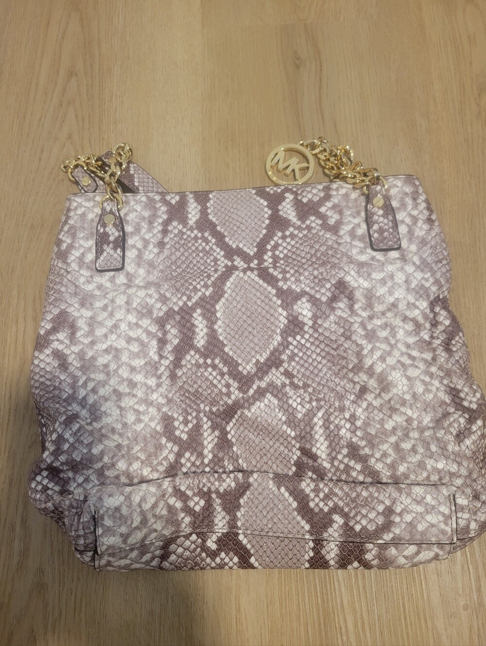 Michael Kors Snakeskin-Print Shoulder Bag with Gold Chain and MK Charm